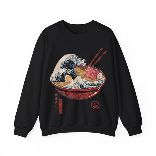 The Great Ramen Monster Wave of Kanagawa Crewneck Sweatshirt, Japanese Aesthetic Sweater Gift Him Her, Women Men Japanese Graphic Sweatshirt